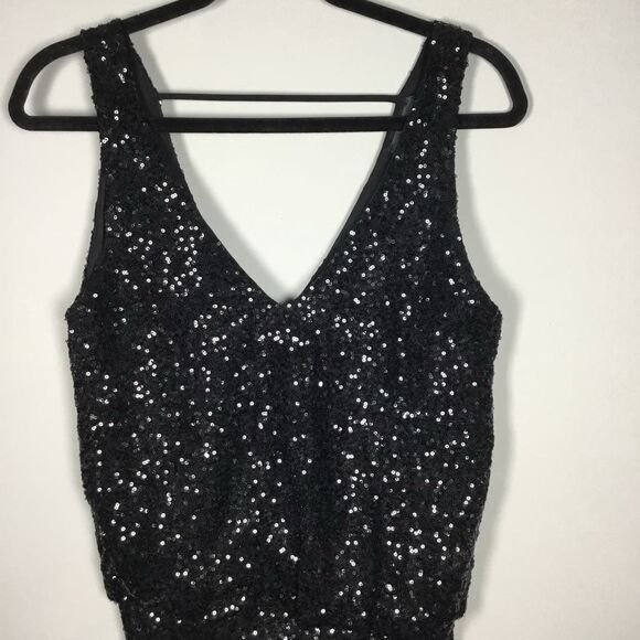Astr Black All Over Sequin Glam Club Party Concert Deep V Mini Dress S/M - Picture 2 of 8